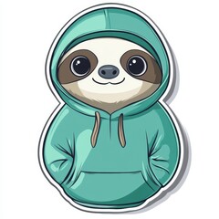 Fototapeta premium Sticker of a Cute cartoon sloth wearing a colorful hoodie stands with a cheerful expression in a vibrant design