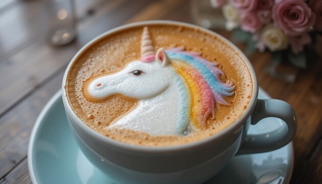Delightful Unicorn Latte Art in Pastel Blue Cup on Wooden Table