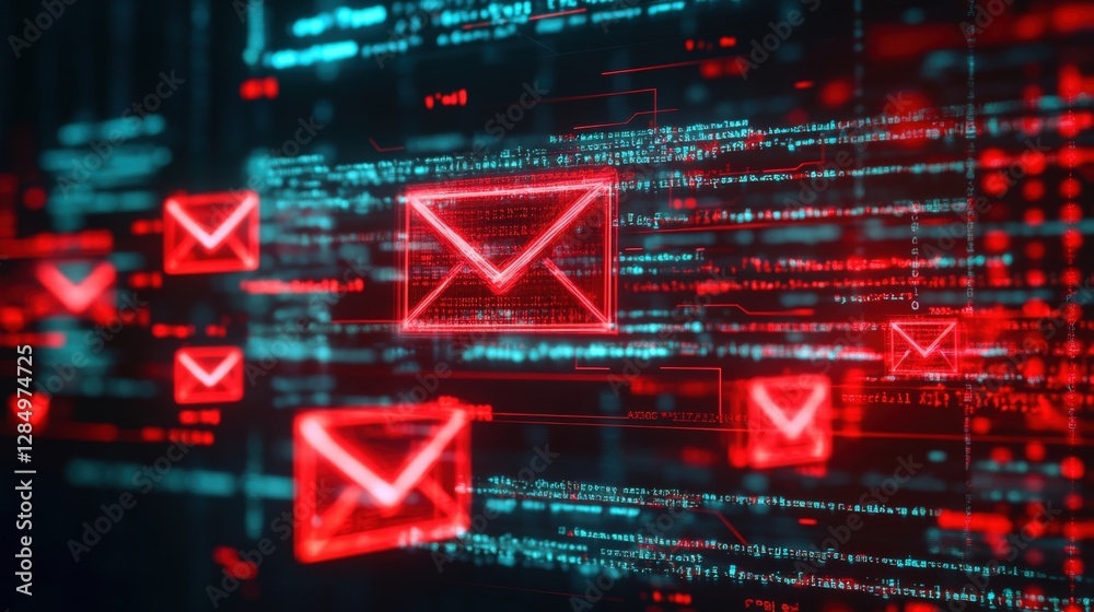 Poster multiple red envelopes symbolizing digital threats are invading a screen filled with program code, r