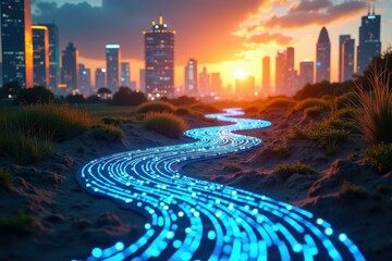 Data pipeline Edge computing Internet of behaviors IIoT Full fibre broadband Ai singularity Edgeconnect Nozomi Networks OXIO ifree Futuristic glowing blue fiber optic cable flowing through grassland 