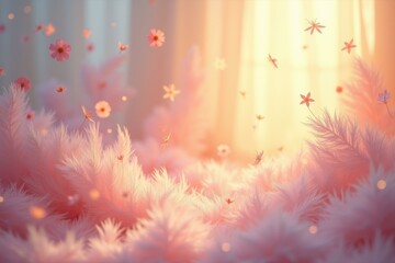 Obraz premium Soft pink feathers floating petals falling, dreamy delicate autumn scene, cozy warm light background, perfect for seasonal decorations, romantic invitations, calming atmosphere, gentle nature mood pa