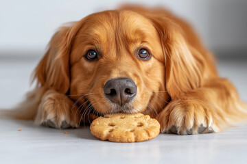 Adorable Golden Retriever dog with a cookie, cute and furry pet animal with fluffy brown eyes.