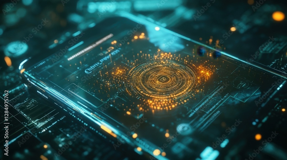 Poster futuristic smartphone conducting a cyber security check with rotating circles and orange particles, 