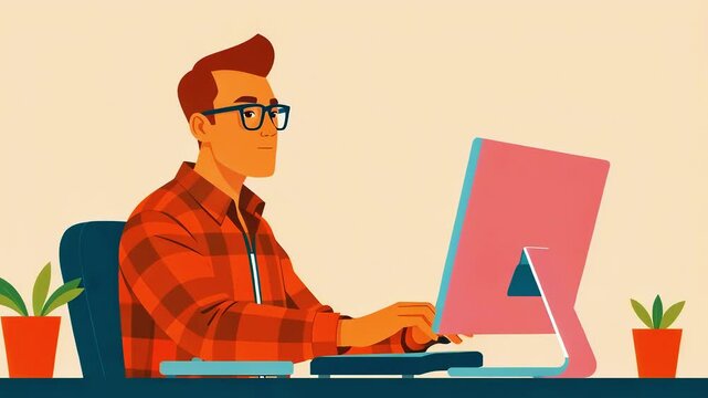 Young man in glasses working on a pink computer at a desk surrounded by potted plants