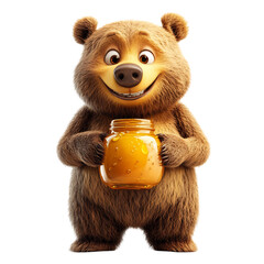 A Happy 3D Cartoon Brown Bear Holding a Jar of Honey Isolated on Transparent Background