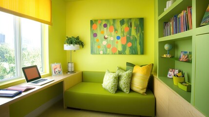 Fototapeta premium Lime Green Child's Room Design: Modern and Cheerful Study Space