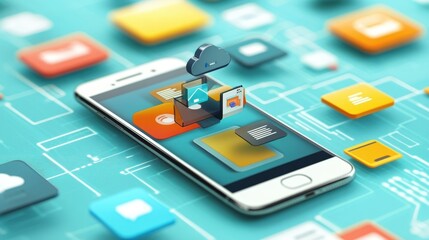 Smartphone transferring data to a cloud server with floating icons of mobile apps and social media, illustrating cloud computing and mobile technology concepts