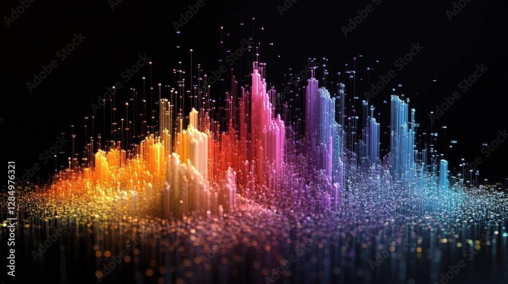 Poster complex data streams are flowing and creating colorful vertical lines on a black background, represe