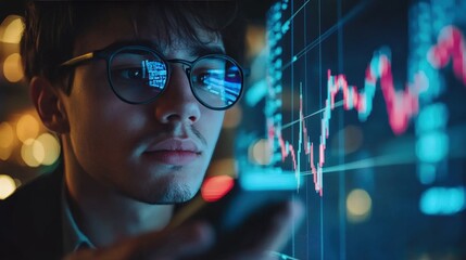 Young Man Analyzing Stock Market Data on Smartphone in Urban Environment at Night