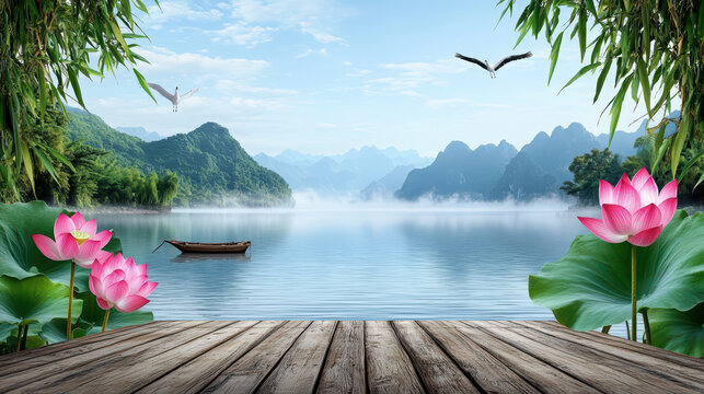 Tranquil Lake with Lotus Flowers and Misty Mountains