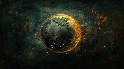 A digital globe with glowing connection lines across a dark, textured background, representing the power and complexity of global communication systems.