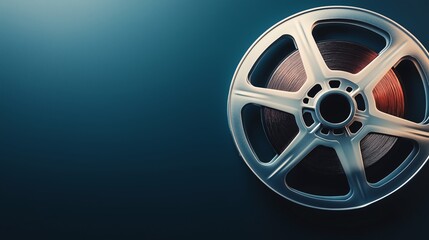 Obraz premium A close-up view of a vintage film reel, showcasing its metallic texture and design against a moody blue background, perfect for representing cinema, nostalgia, and creativity.