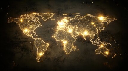 A digital world map with glowing connections around a virtual Earth, overlaid on a dark, textured background, emphasizing the concept of global connectivity.