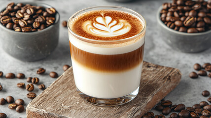  Layered Coffee Beverage in a Glass on a Wooden Coaster, Surrounded by Coffee Beans
