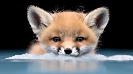 Obraz premium Adorable baby fox peeking from icy water. Possible use Children's book cover or educational material