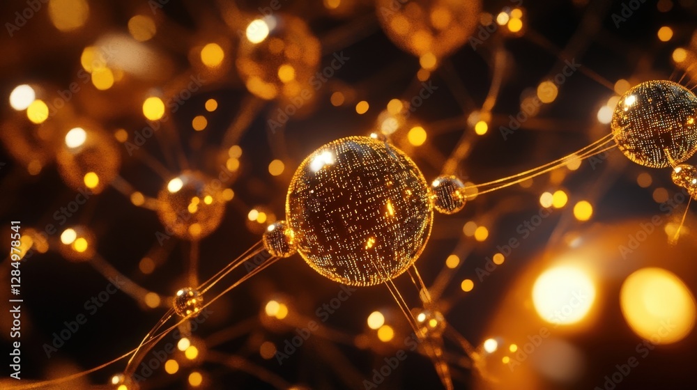 Poster golden spheres interconnected within a complex network, symbolizing global communication, data trans
