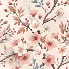 Floral Blossoms Seamless Pattern Design Nature Inspired Digital Art Warm Tones Aesthetic View Botanical Concept