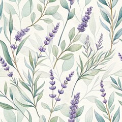 Seamless Pattern of Lavender and Leaves Nature Inspired Design Floral Art Soft Color Palette Serene Environment