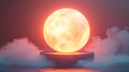 An illuminated sphere rests on a stone pedestal with surrounding clouds