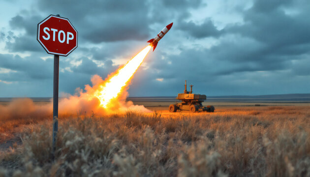 Powerful anti-war imagery featuring a stop sign blocking a rocket launcher in a field, symbolizing peace and protest. Ideal for editorial, campaigns, and social media. Includes copyspace for text.