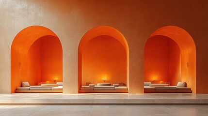 Minimalist Interior with Arched Terracotta Walls and Wooden Panels