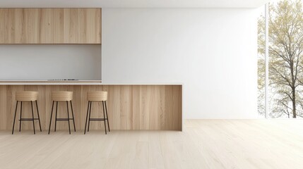 Fototapeta premium Modern light wood kitchen with bar stools and window view. Possible use Interior design