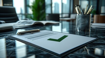 Plakat Checked document on office desk, city view