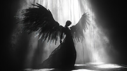Fallen Angel Lucifer Exiled from Paradise with Broken Wings and Silhouettes Plummeting into the Abyss