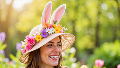 Joyful woman wearing colorful Easter bonnet at garden party, celebration