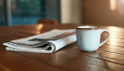 카페 테이블 위, 신문 한 장과 작은 머그잔, 여유로운 아침