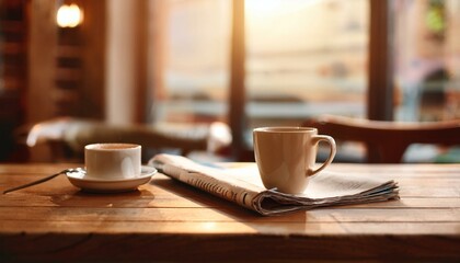 카페 테이블 위, 신문 한 장과 작은 머그잔, 여유로운 아침