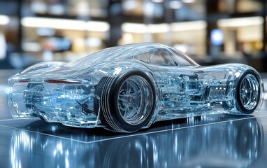 Futuristic Electric Car Cutaway Rendering with Transparent Design and Visible Mechanical Components