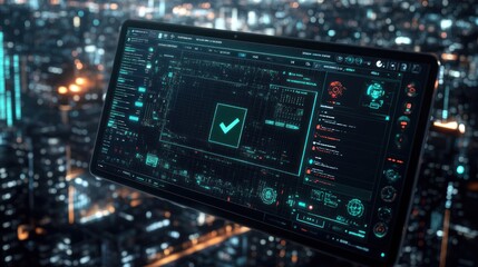Cityscape tablet checkmark data success