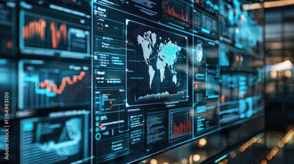Poster multiple computer screens displaying real time data, charts, graphs, and a world map, representing a