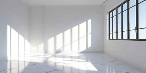 Obraz premium Minimalist bright empty room with large windows, white marble floor, and natural sunlight creating a modern, clean, and spacious architectural interior with serene atmosphere 