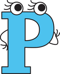 capital letter P with eyes with eyelashes stands thoughtfully and looks away