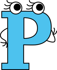 capital letter P with eyes with eyelashes stands thoughtfully and looks away