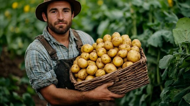 Farmer harvests fresh potatoes in a sunny field while smiling with a basket full of produce