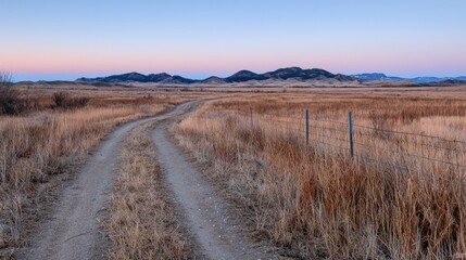 Country road at dusk through golden prairie