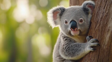 Naklejka premium A cute koala perched on a tree branch, showcasing its fluffy ears and curious expression. The blurred green background highlights the serene environment of its natural habitat.