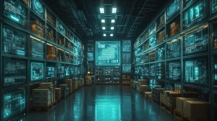 Futuristic Warehouse with Holographic Displays and Automated Logistics Technology