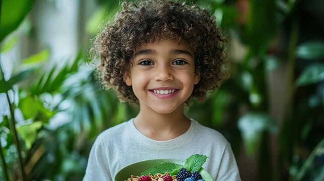 Child holding healthy breakfast in lush garden setting