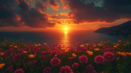Coastal sunset flowers; dramatic sky, ocean view