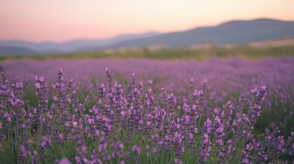 Obraz premium Sunset Lavender Field Landscape with Mountains