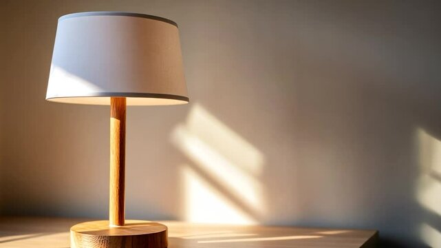 Wooden table lamp in sunlight casts shadows on beige wall