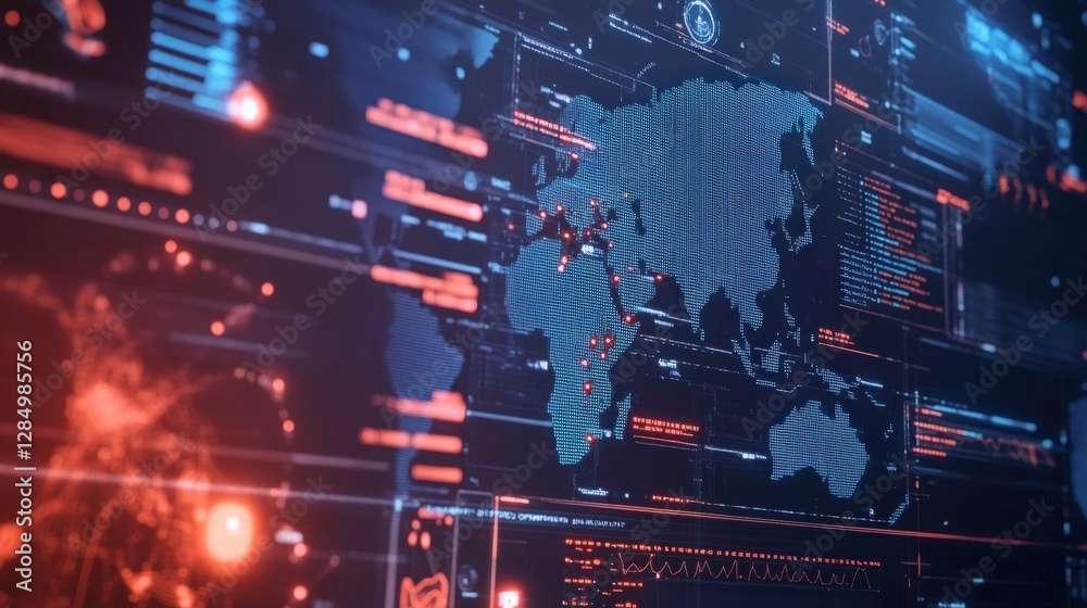 Aufkleber futuristic cyber security interface featuring a world map with highlighted critical areas and real t