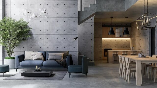 Animation of modern loft style high ceiling living room 3d render, There are concrete wall with groove pattern, decorate with blue fabric sofa, large window sunlight shining into the room.