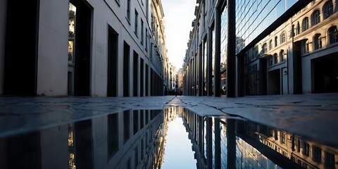 Obraz premium Urban Reflection, Capturing the Architectural Beauty of City Streets in Water
