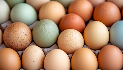 Assortment of colorful eggs nestled inside a cardboard carton