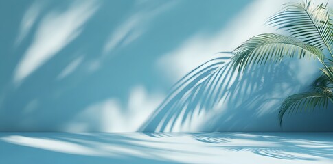 3D rendering of a blue background with a palm leaf shadow on the wall, an empty room for a product presentation mock-up